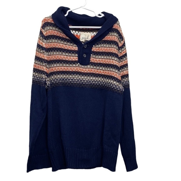 Peek Kids Hooded Sweater Navy Striped Knit Boys‎ Size XXL - 12 2 Button Casual - Picture 1 of 4